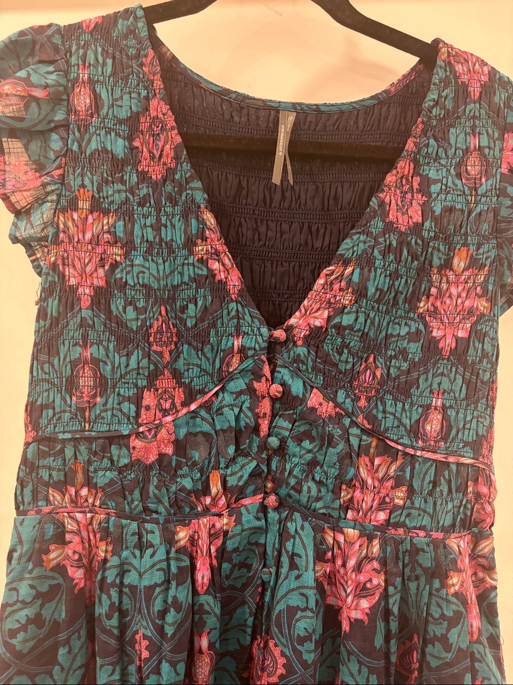 Anthropologie 100% Cotton Teal Maxi Dress with Pink Floral Print Size Small - Picture 3 of 9